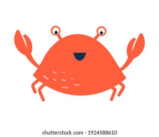 Happy red crab. Vector cute character. Hand-drawn doodle. Isolated on a white background. Design for children.