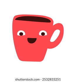 Happy red cup of coffee. Cute character. Illustration on white background. 