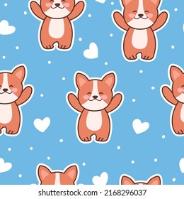 Happy red dog and hearts. Seamless vector pattern on blue background. 