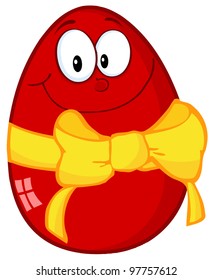 Happy Red Easter Egg Cartoon Character With Ribbon
