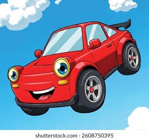 Happy Red Flying Car Vector Art