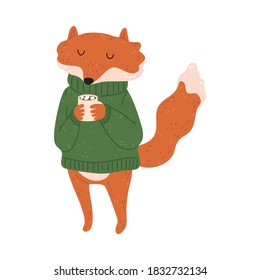 Happy red fox standing and drinking hot cocoa with marshmello