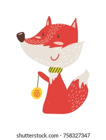 Happy red fox with yo-yo icon isolated on white background. Vector illustration with cute smiling animal with colorful rotating toy on thin rope or ball