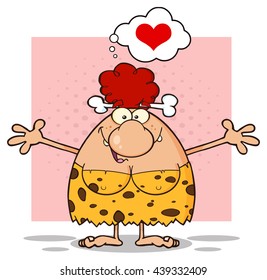 Happy Red Hair Cave Woman Cartoon Mascot Character With Open Arms And A Heart In Speech Bubble. Vector Illustration Isolated On White Background