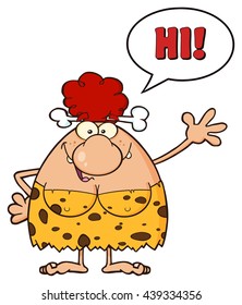 Happy Red Hair Cave Woman Cartoon Mascot Character Waving And Saying Hi. Vector Illustration Isolated On White Background
