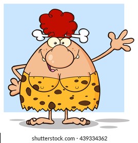 Happy Red Hair Cave Woman Cartoon Mascot Character Waving For Greeting. Vector Illustration Isolated On White Background