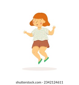 Happy red hair girl jumping. Vector illustration. Summer activities. Children playing outside. Funny character. Isolated on a white background