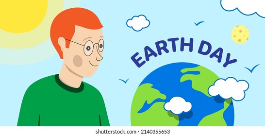 Happy red hair man looking on planet Earth. Earth Day vector banner design.