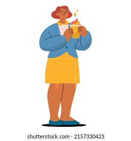 Happy red headed girl in blue jacket and yellow checkered skirt holding a cup of coffee. Holding thumb up. Full character figure. Flat hand drawn vector illustration