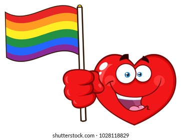 Happy Red Heart Cartoon Emoji Face Character Holding An Rainbow LGBT Pride Flag. Vector Illustration Isolated On White Background