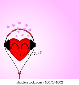 happy red heart cartoon listen to music on pink pastel background, vector design 