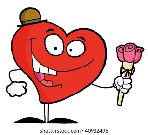 Happy Red Heart Holding Pink Roses