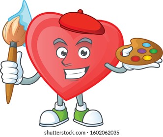 Happy red love painter cartoon icon with brush