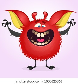 Happy red monster excited. Vector illustration of hairy round troll waving hands