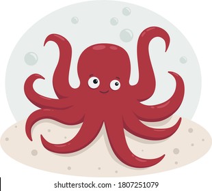 a happy red octopus on the seabed