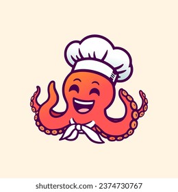 HAPPY RED OCTOPUS WEARING CHEF HAT. HIGH QUALITY CARTOON MASCOT DESIGN. FOR STREET FOOD AND RESTAURANT.