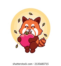 happy red panda eat apple adorable cartoon doodle vector illustration flat design style