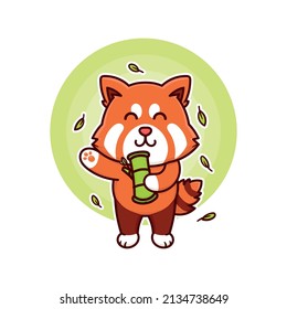 happy red panda eat bamboo adorable cartoon doodle vector illustration flat design style
