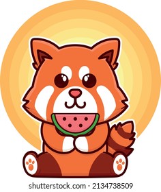 happy red panda eat watermelon fruit adorable cartoon doodle vector illustration flat design style