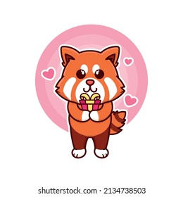 happy red panda and gift box birthday adorable cartoon doodle vector illustration flat design style