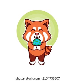 happy red panda and globe earth adorable cartoon doodle vector illustration flat design style