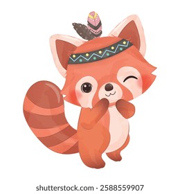 happy Red Panda with hat and feathers vector illustration