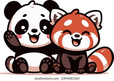 a happy red panda and panda laughing together. vector