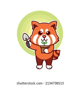 happy red panda plant tree adorable cartoon doodle vector illustration flat design style