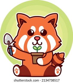happy red panda plant tree adorable cartoon doodle vector illustration flat design style