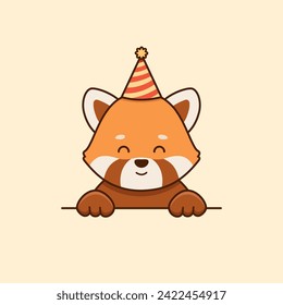 Happy red panda is wearing party hat in cartoon style. Vector flat illustration