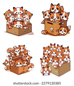 Happy red pandas in a cardboard box