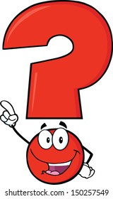 Happy Red Question Mark Cartoon Character Pointing With Finger