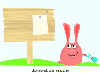 Happy red rabbit with wooden banner