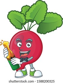 Happy red radish with beer cartoon character design