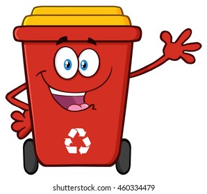 Happy Red Recycle Bin Cartoon Mascot Character Waving For Greeting. Vector Illustration Isolated On White Background