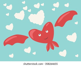 Happy red smiling dreaming pensive heart character with wings, eyes and mouth flying among heart-shaped clouds in sky. EPS 8 vector illustration, no transparency