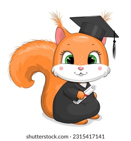Happy red squirrel in a graduation dress and a cap. Cute cartoon vector illustration of animal on white background.