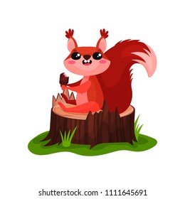 Happy red squirrel sitting on tree stump and eating ice-cream. Flat vector icon of small forest rodent with fluffy tail and adorable muzzle
