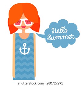 Happy redhair girl in big hipster glasses and nautical t-shirt with anchor says hello summer in speech bubble.   flat vector illustration with cute character.