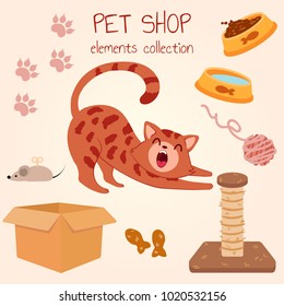 Happy red-haired Bengali cat yawns. Pet shop poster design with many accessories. Vector illustration.