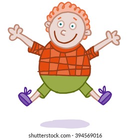 Happy red-haired boy jumping with joy