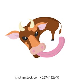 a happy red-haired cow with a long tongue licks its lips. Concept for dairy products. Vector on a white background.