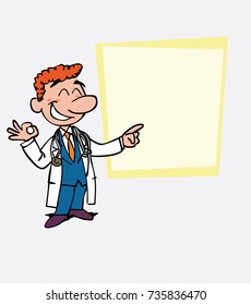 Happy red-haired doctor makes the gesture of ok. Is showing, as in a presentation, the data you want.