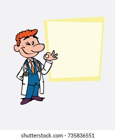 Happy red-haired doctor makes the gesture of ok. Is showing, as in a presentation, the data you want.
