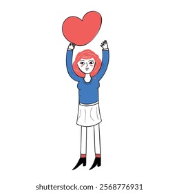 A happy red-haired girl holds a heart in her hands." Vector illustration of a character, the concept of a girl looking for love