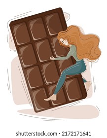 Happy red-haired girl hugging huge dark chocolate whole bar. World Chocolate Day card. Sugar free. Sweet lover.  Candy store. Advertising decorative flat composition. Tasty junk food. Design element.