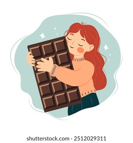 Happy red-haired girl hugging huge dark chocolate whole bar. World Chocolate Day card.