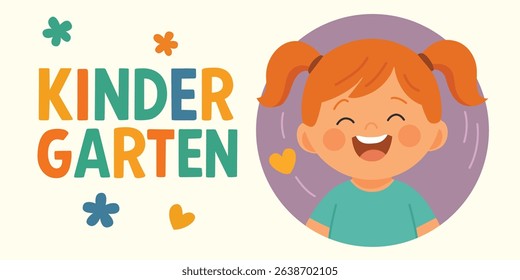 Happy red-haired girl with pigtails and smiling face in circular frame next to colorful kindergarten text and heart icons. Flat cartoon style illustration. Preschool education