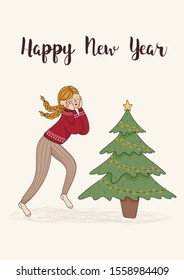A happy red-haired girl in a red sweater and striped trousers rejoices in her elegant Christmas tree. Girl with two pigtails. Horror Christmas tree. Sweater with ornament. Cartoon flat illustration 