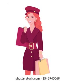 happy red-haired girl shopping with a bunch of purchases. Isolate on a white background.